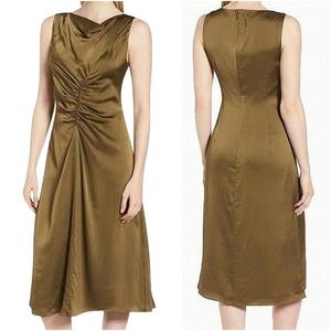 {Lewit} Olive Green Ruched Cowl Neck Satin Shift Cocktail Dress, Size 4